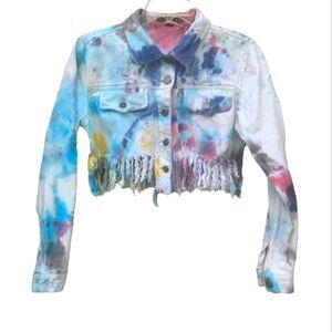 TAXI Denim Jacket Cropped Tie Dyed Fringe Sz S White Blue Pink Button Close